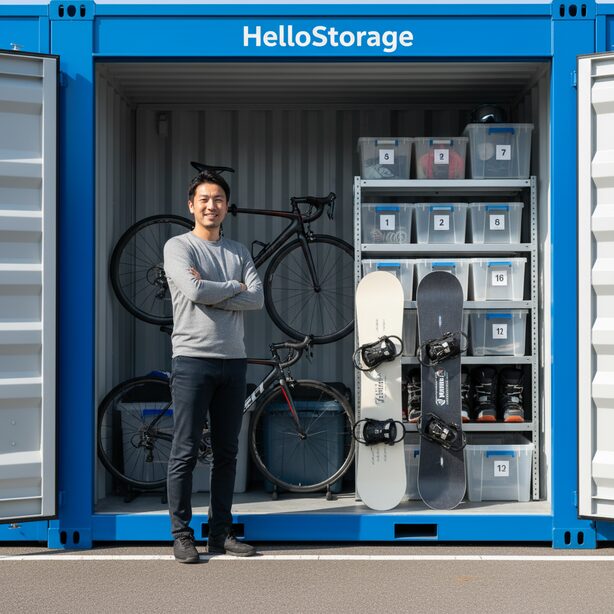 趣味のロードバイクや工具などをハローストレージの屋外コンテナに収納し、満足げな表情を浮かべる男性。カビや熱に強く、利便性を重視する荷物の保管に向いているという評判通りの使い方を示している。