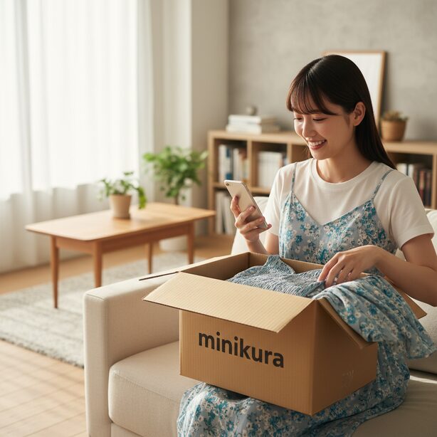 minikuraの取り出し料金や送料の仕組みを理解し、宅配型トランクルームから荷物を受け取る女性。MONOプランやHAKOプランの違いを知り、安心してサービスを利用している様子。