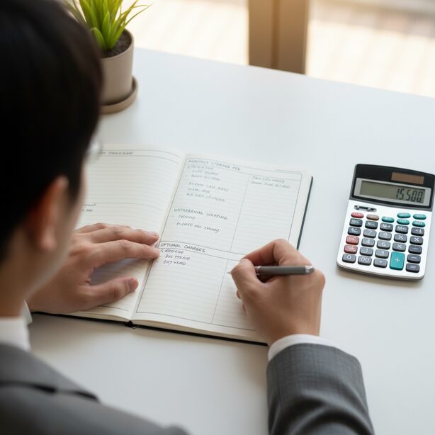 minikuraの料金体系一覧をノートに書き出し、月額保管料や取り出し送料などの仕組みを確認。宅配型トランクルームの費用を正確に把握しようと計画を立てている。