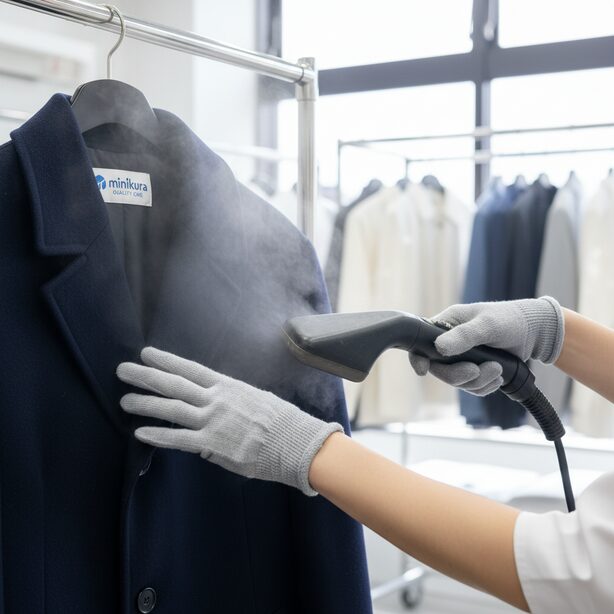 minikuraの便利なオプション料金サービス。預けた衣類をプロがクリーニングする様子で、他にもハンガー保管や早期取り出しなど、ニーズに合わせた追加サービスが利用可能。