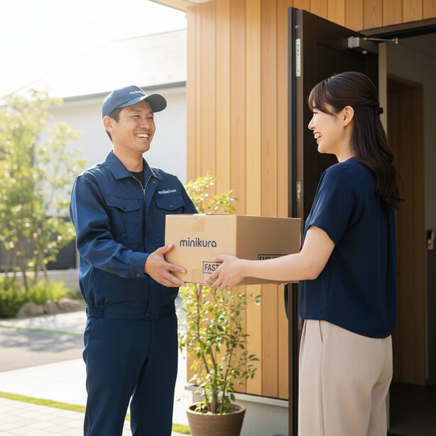 minikuraに依頼した荷物がいつ届くかを示すイメージ。宅配便スタッフから荷物を受け取る女性。午前中に依頼すれば最短翌日に届くなど、配送にかかる日数の目安。