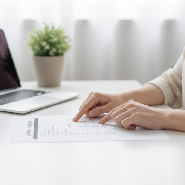 スペラボの退去費用の内訳が記載された書類を、日本人女性が指差して確認している。ルームクリーニング代、短期解約違約金、原状回復費用などの項目がリストアップされており、解約時のコストを把握しようとしている。