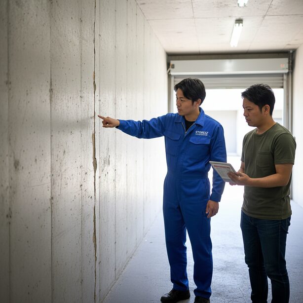 スペラボのトランクルーム退去時、壁についた傷が原因で原状回復費用が実費請求されるケース。利用者がつけた損傷箇所をスタッフが指摘しており、ルームクリーニング代以上の修理費が発生する可能性を示している。