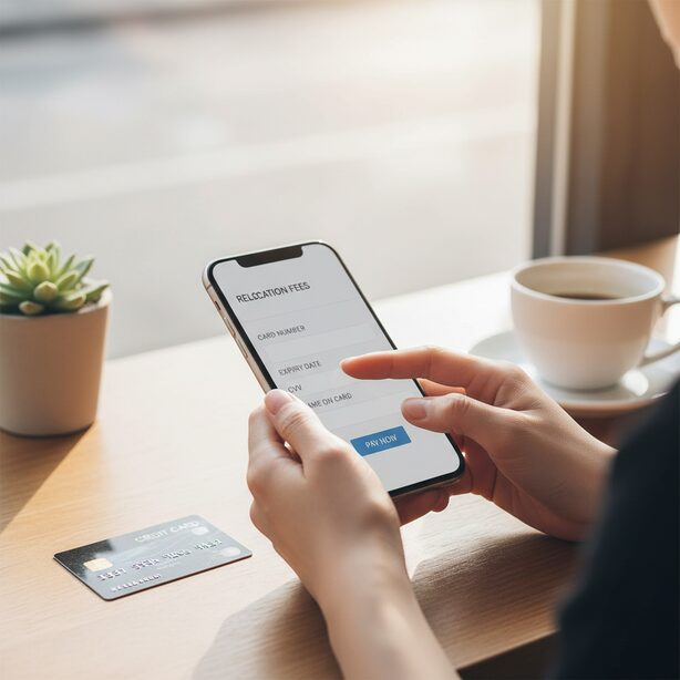 スペラボの退去費用を、契約時に登録したクレジットカードで支払う様子。スマートフォン画面の決済フォームと、テーブルに置かれたクレジットカードが映っており、支払い方法がカード決済のみであることを示している。