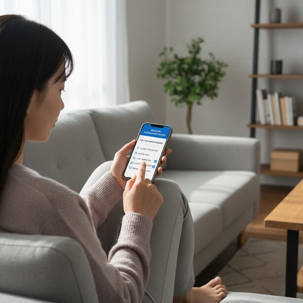 スマートフォンを操作し、スペラボの退去手続きの流れを確認している日本人女性。マイページから解約フォームを送信し、荷物搬出、清掃、鍵の返却、費用精算までの5ステップが分かりやすく表示されている。