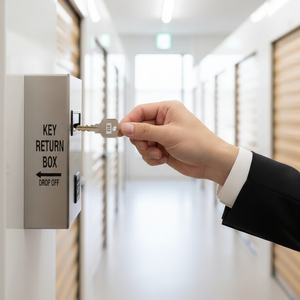 スペラボのトランクルームを解約し、施設内に設置された鍵返却BOXに鍵を投函する日本人男性の手元。退去手続きの最終ステップとして、期限内に指定された方法で鍵を返却している様子。