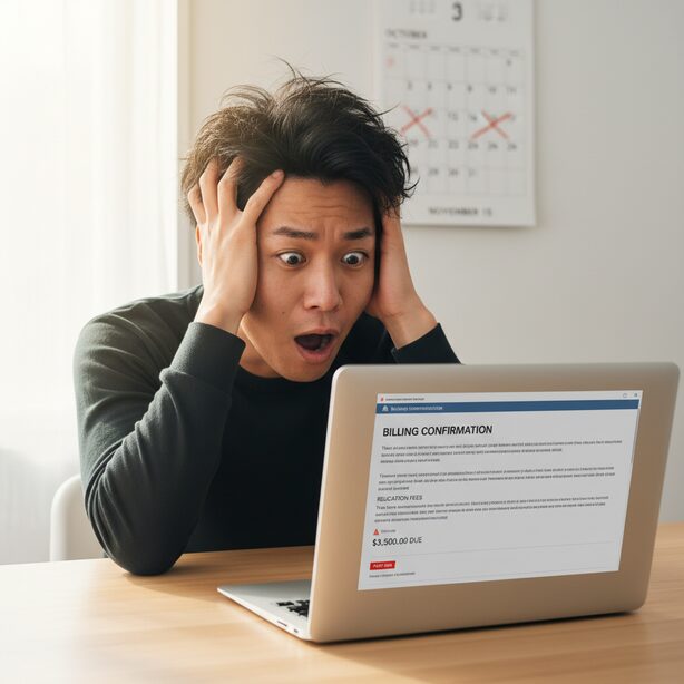 スペラボの退去費用でよくあるトラブル事例。解約申請を忘れ、予想外の請求メールを見て頭を抱える日本人男性。残置物処理費用や短期解約違約金など、高額請求につながる注意点を怠ったことへの後悔を表している。